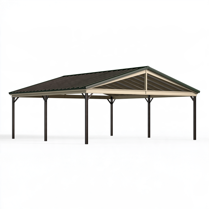 Abri voiture 600 x 300 x 270 cm en acier noir et beige à toit double pente