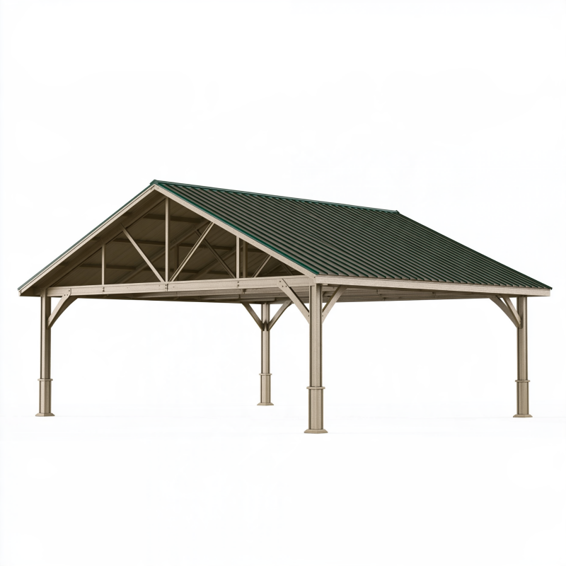 Abri de voiture 600 x 500 x 300 cm en acier beige et vert avec toit incliné