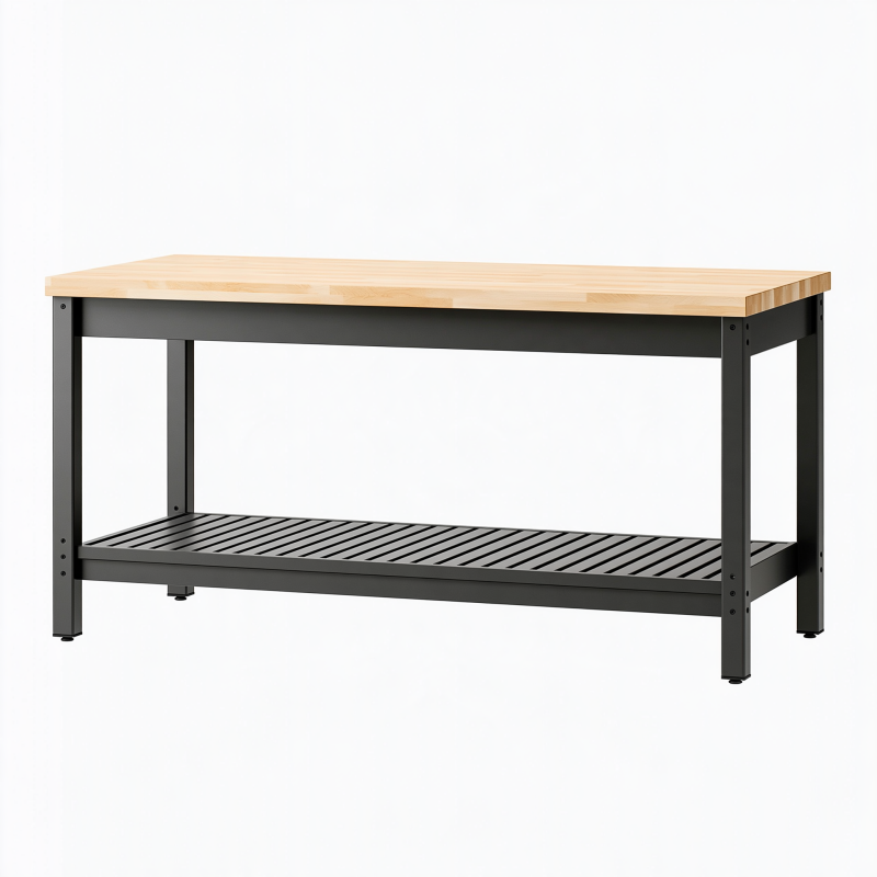 Établi 152 x 61 x 86 cm plateau en bois structure en acier noir avec étagère de rangement