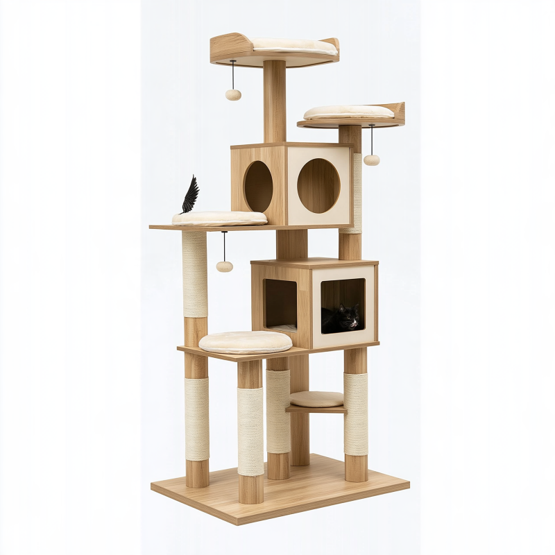 Arbre à chat 70 x 50 x 170 cm en bois beige avec griffoirs et niches