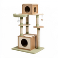 Arbre à chat 60 x 60 x 150 cm en panneaux aspect bois vert sauge et beige avec griffoirs et niches