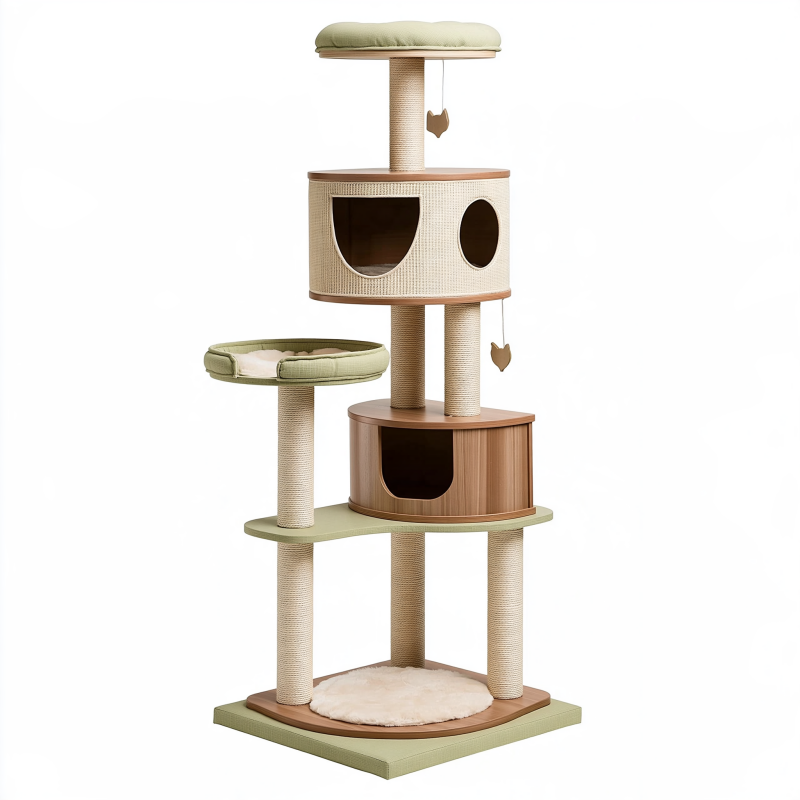Arbre à chat 60 x 60 x 170 cm en bois beige vert et marron avec griffoirs niches et plateformes