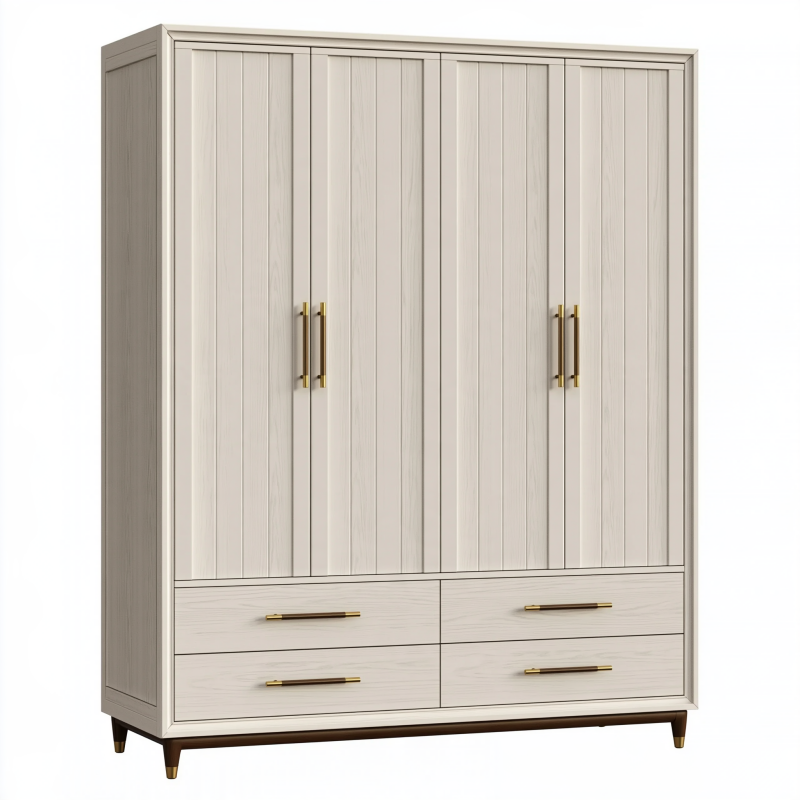 Armoire de rangement 160 x 55 x 200 cm en panneaux effet bois blanc cassé 4 portes 4 tiroirs style contemporain